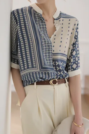 Women Stand Up Collar Elbow Sleeve Lovely Striped Pattern Button Closure Summer Stylish Shirt - C955JPSB
