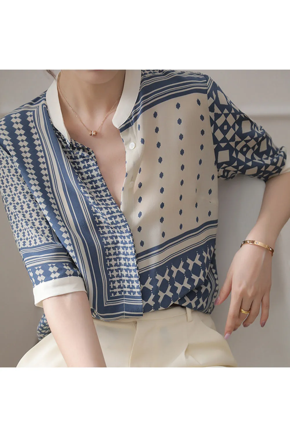 Women Stand Up Collar Elbow Sleeve Lovely Striped Pattern Button Closure Summer Stylish Shirt - C955JPSB
