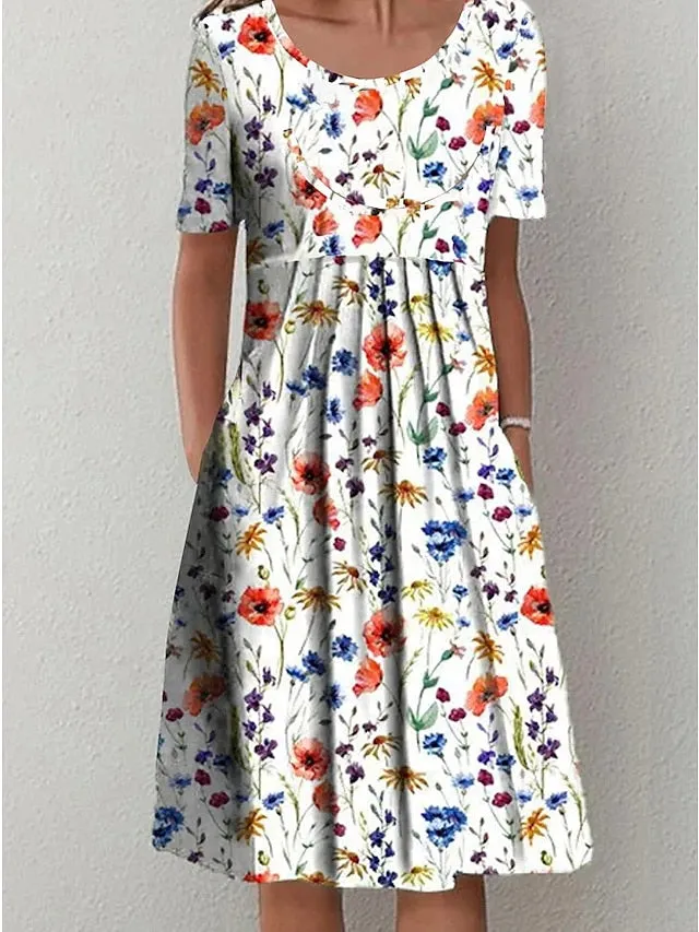 Women's Casual Dress Floral Dress Midi Dress White Short Sleeve Floral Ruched Spring Summer Crew Neck Basic Daily Vacation Weekend 2023 S M L XL XXL 3XL