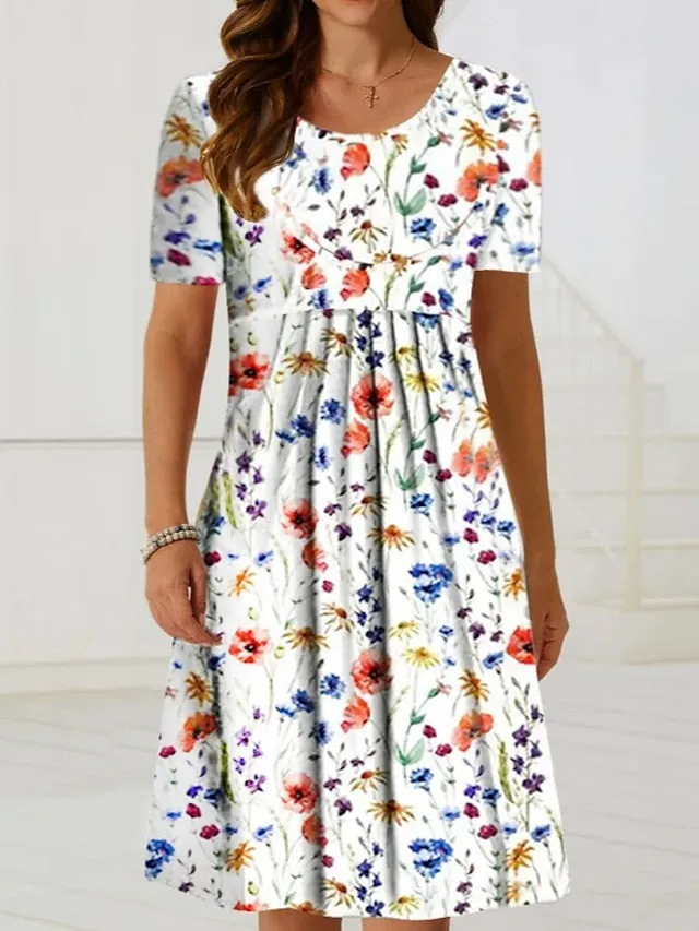 Women's Casual Dress Floral Dress Midi Dress White Short Sleeve Floral Ruched Spring Summer Crew Neck Basic Daily Vacation Weekend 2023 S M L XL XXL 3XL