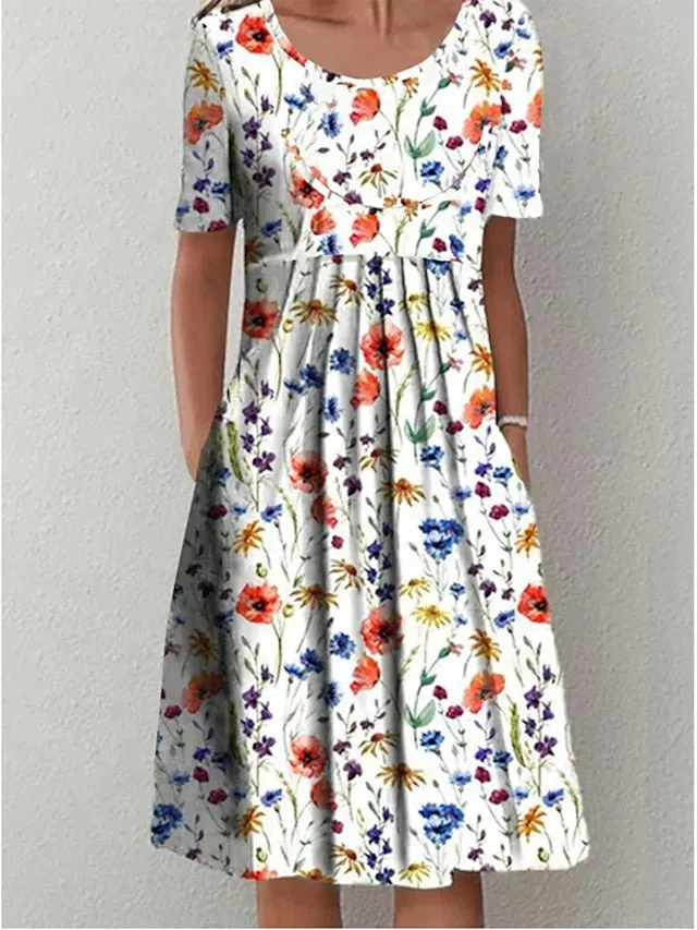 Women's Casual Dress Floral Dress Midi Dress White Short Sleeve Floral Ruched Spring Summer Crew Neck Basic Daily Vacation Weekend 2023 S M L XL XXL 3XL