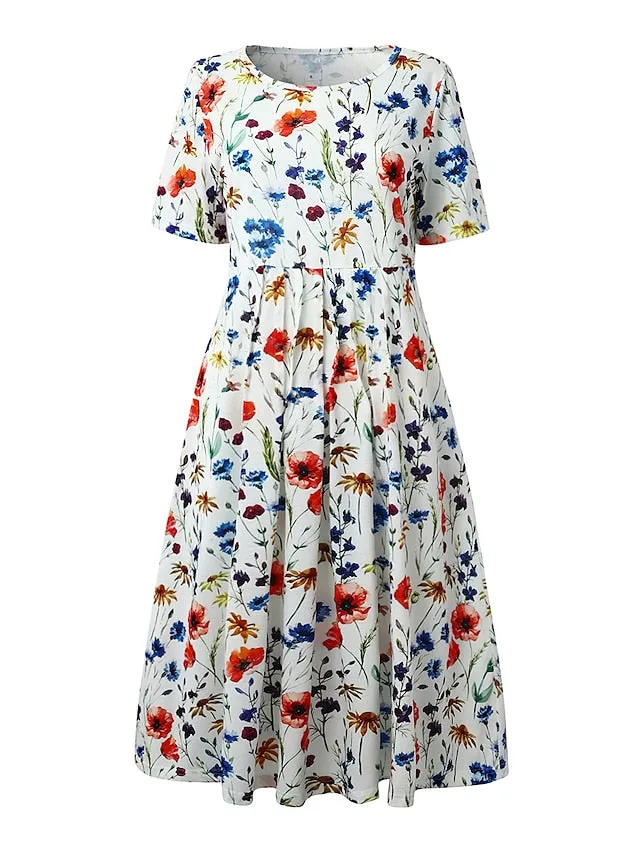 Women's Casual Dress Floral Dress Midi Dress White Short Sleeve Floral Ruched Spring Summer Crew Neck Basic Daily Vacation Weekend 2023 S M L XL XXL 3XL