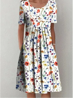 Women's Casual Dress Floral Dress Midi Dress White Short Sleeve Floral Ruched Spring Summer Crew Neck Basic Daily Vacation Weekend 2023 S M L XL XXL 3XL